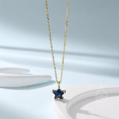 Sterling Silver Sapphire Blue CZ Star Pendant Necklace, Silver or Gold, Blue Star Necklace