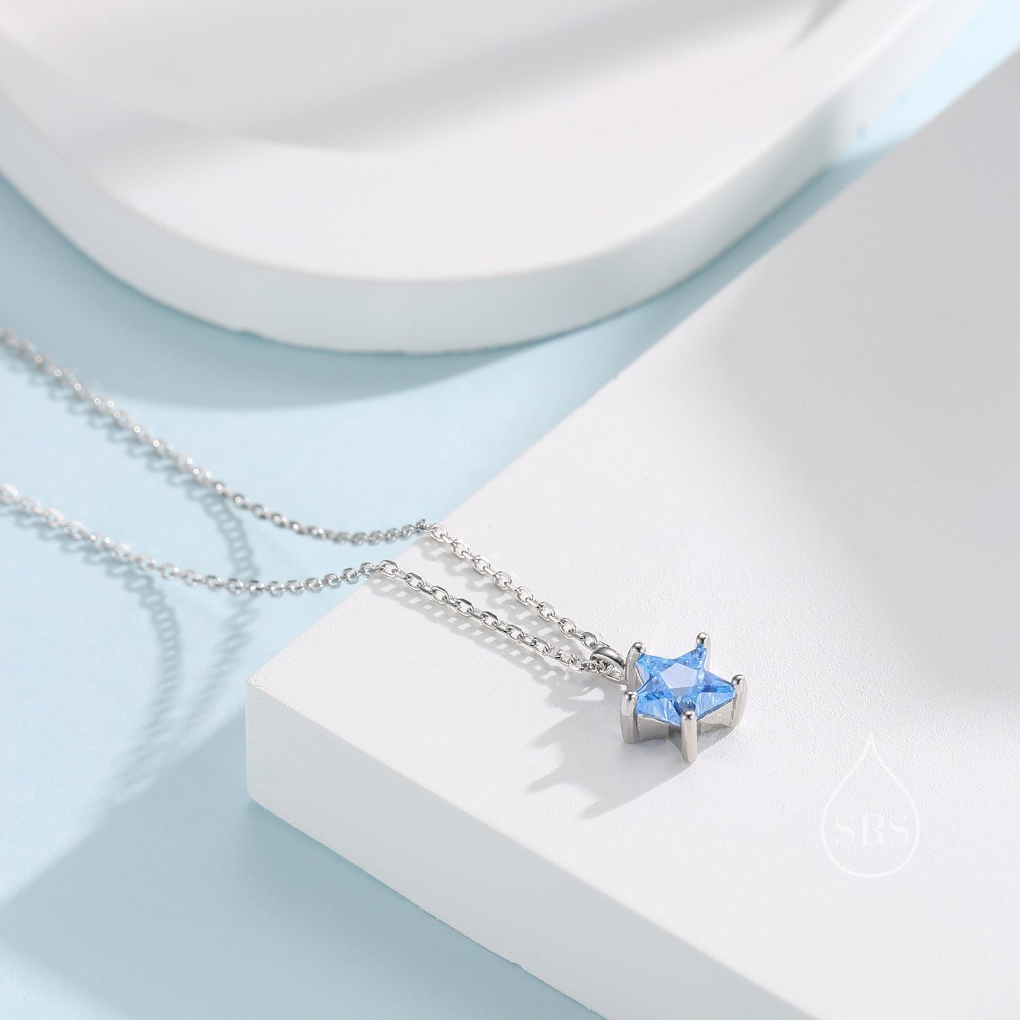 Sterling Silver Aqua Blue CZ Star Pendant Necklace, Silver or Gold, Blue Star Necklace