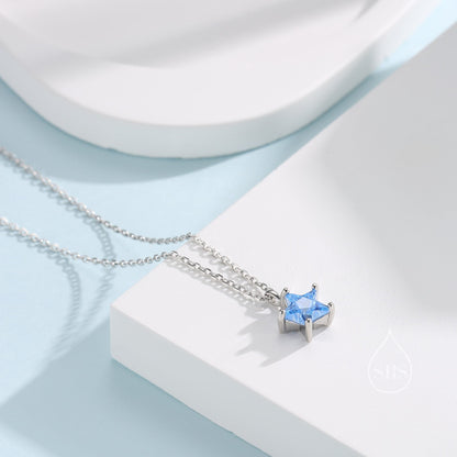 Sterling Silver Aqua Blue CZ Star Pendant Necklace, Silver or Gold, Blue Star Necklace