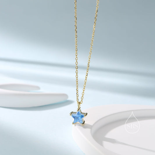 Sterling Silver Aqua Blue CZ Star Pendant Necklace, Silver or Gold, Blue Star Necklace