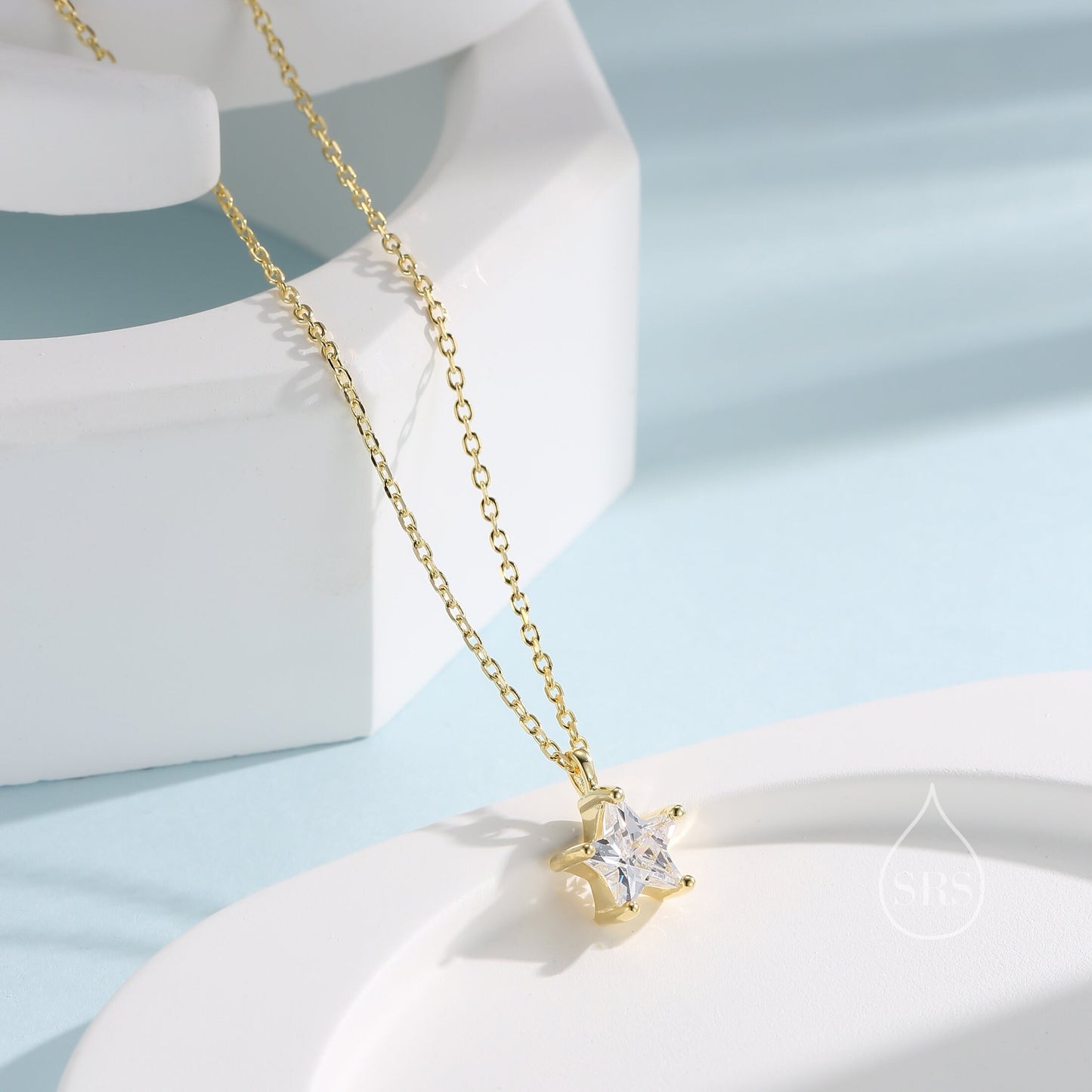 Sterling Silver Clear CZ Star Pendant Necklace, Silver or Gold, Star Shape CZ Necklace