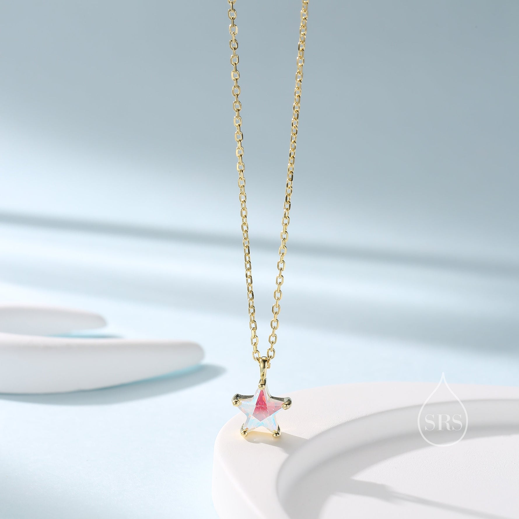 Sterling Silver Aurora AB CZ Star Pendant Necklace, Silver or Gold, Star Shape CZ Necklace, Colour Changing Star Necklace