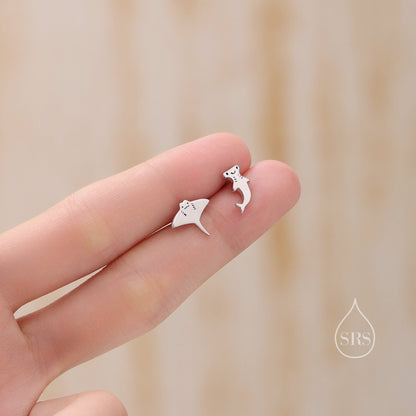 Screw Back Mismatched Kawaii Hammerhead Shark and Manta Ray Stud Earrings in Sterling Silver, Silver or Gold or Rose Gold,  Asymmetric