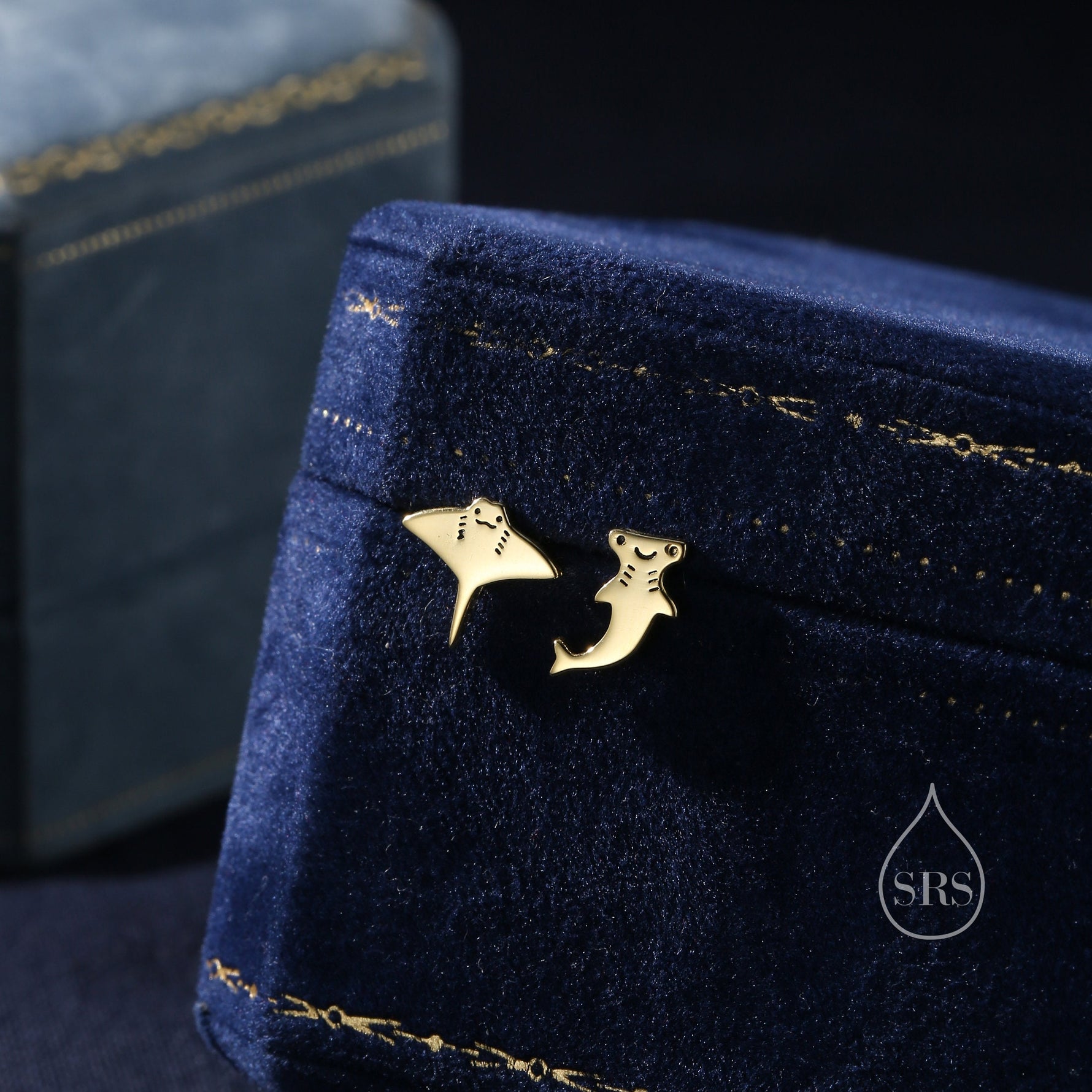 Mismatched Kawaii Hammerhead Shark and Manta Ray Stud Earrings in Sterling Silver, Silver or Gold or Rose Gold, Asymmetric Fish Earrings, Bundle Available