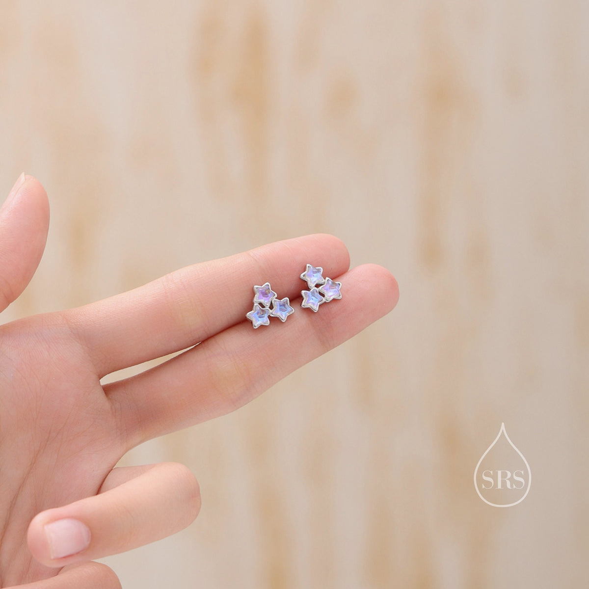 Three Moonstone Star Stud Earrings in Sterling Silver, Silver or Gold or Rose Gold, Three Moonstone Star Earrings, Triple Star Earrings
