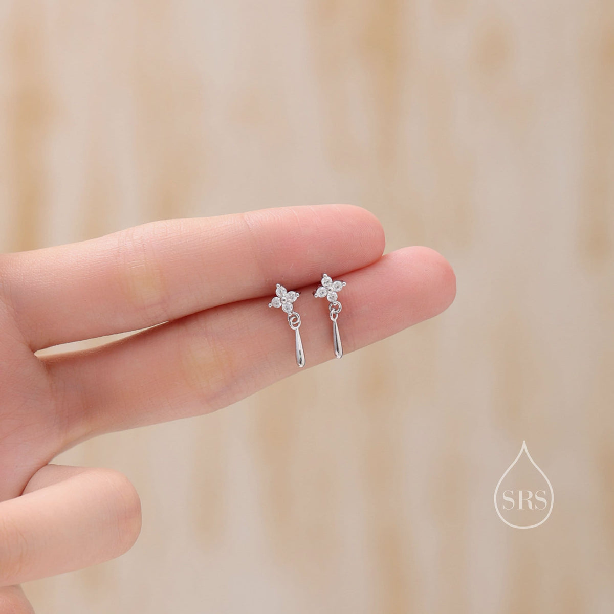 Sterling Silver Four CZ and Droplet Stud Earrings, Hydrangea CZ Earrings