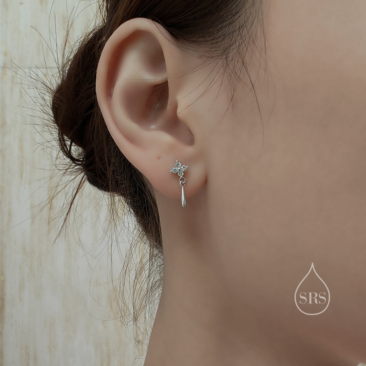 Sterling Silver Four CZ and Droplet Stud Earrings, Hydrangea CZ Earrings