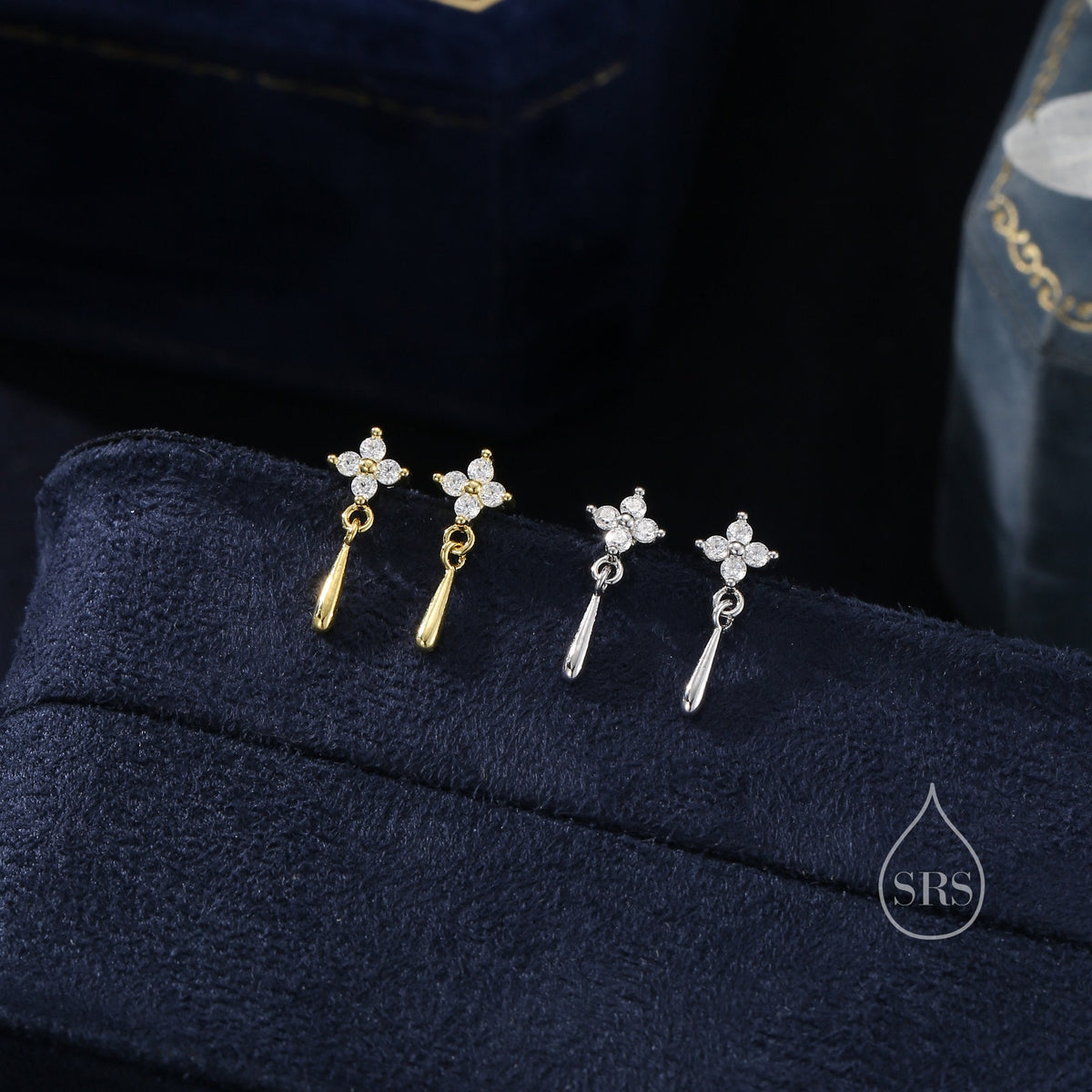 Sterling Silver Four CZ and Droplet Stud Earrings, Hydrangea CZ Earrings