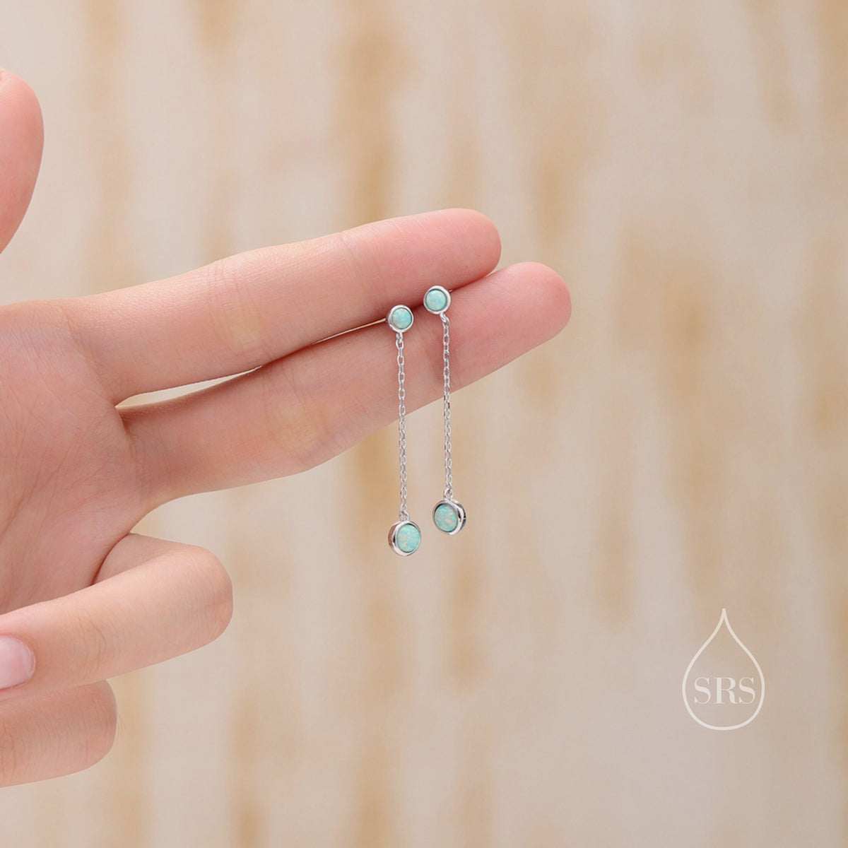 Double Aqua Green Opal Dangle Chain Earrings in Sterling Silver, Silver or Gold, Lab Opal Earrings, Two Opal Earrings, Aqua Blue Opal