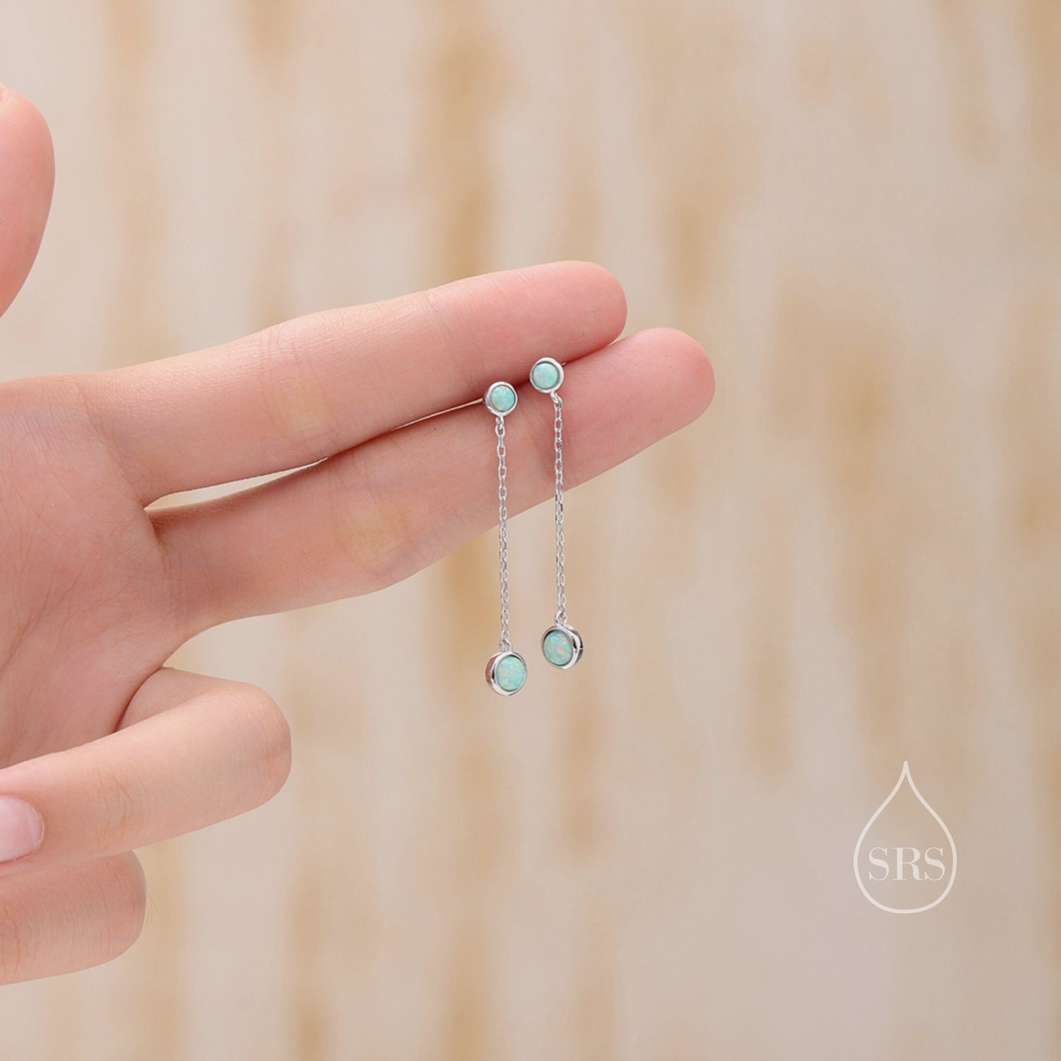 Double Aqua Green Opal Dangle Chain Earrings in Sterling Silver, Silver or Gold, Lab Opal Earrings, Two Opal Earrings, Aqua Blue Opal