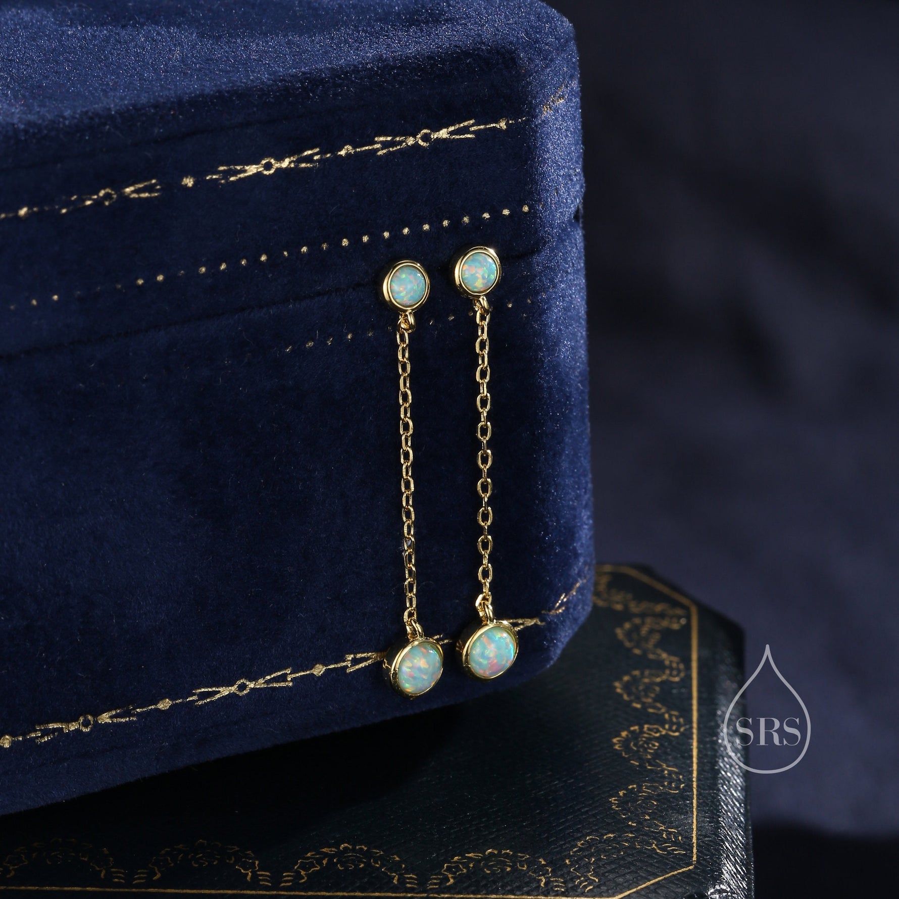 Double Aqua Green Opal Dangle Chain Earrings in Sterling Silver, Silver or Gold, Lab Opal Earrings, Two Opal Earrings, Aqua Blue Opal