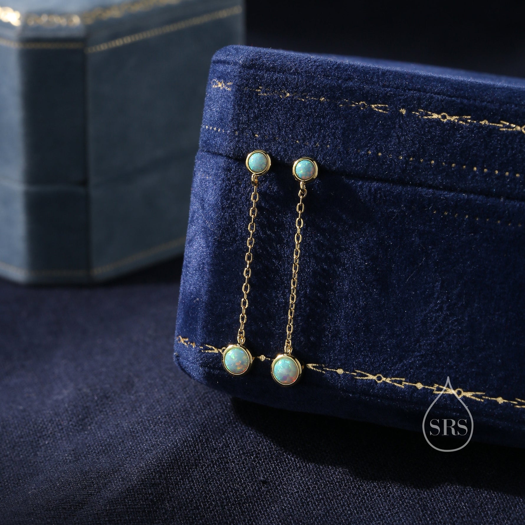 Double Aqua Green Opal Dangle Chain Earrings in Sterling Silver, Silver or Gold, Lab Opal Earrings, Two Opal Earrings, Aqua Blue Opal