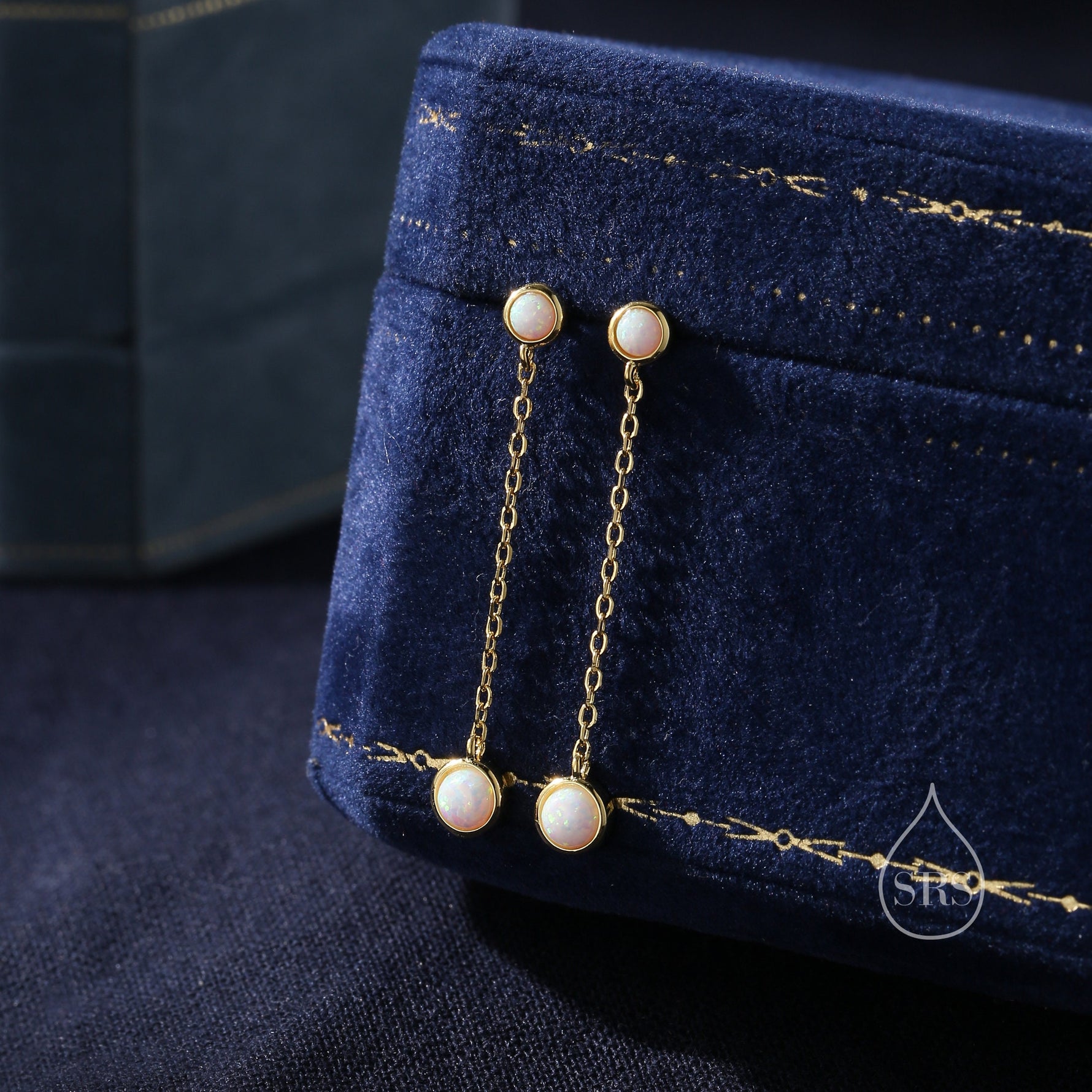 Double White Fire Opal Dangle Chain Earrings in Sterling Silver, Silver or Gold, Lab Opal Earrings, Two Opal Earrings, White Opal