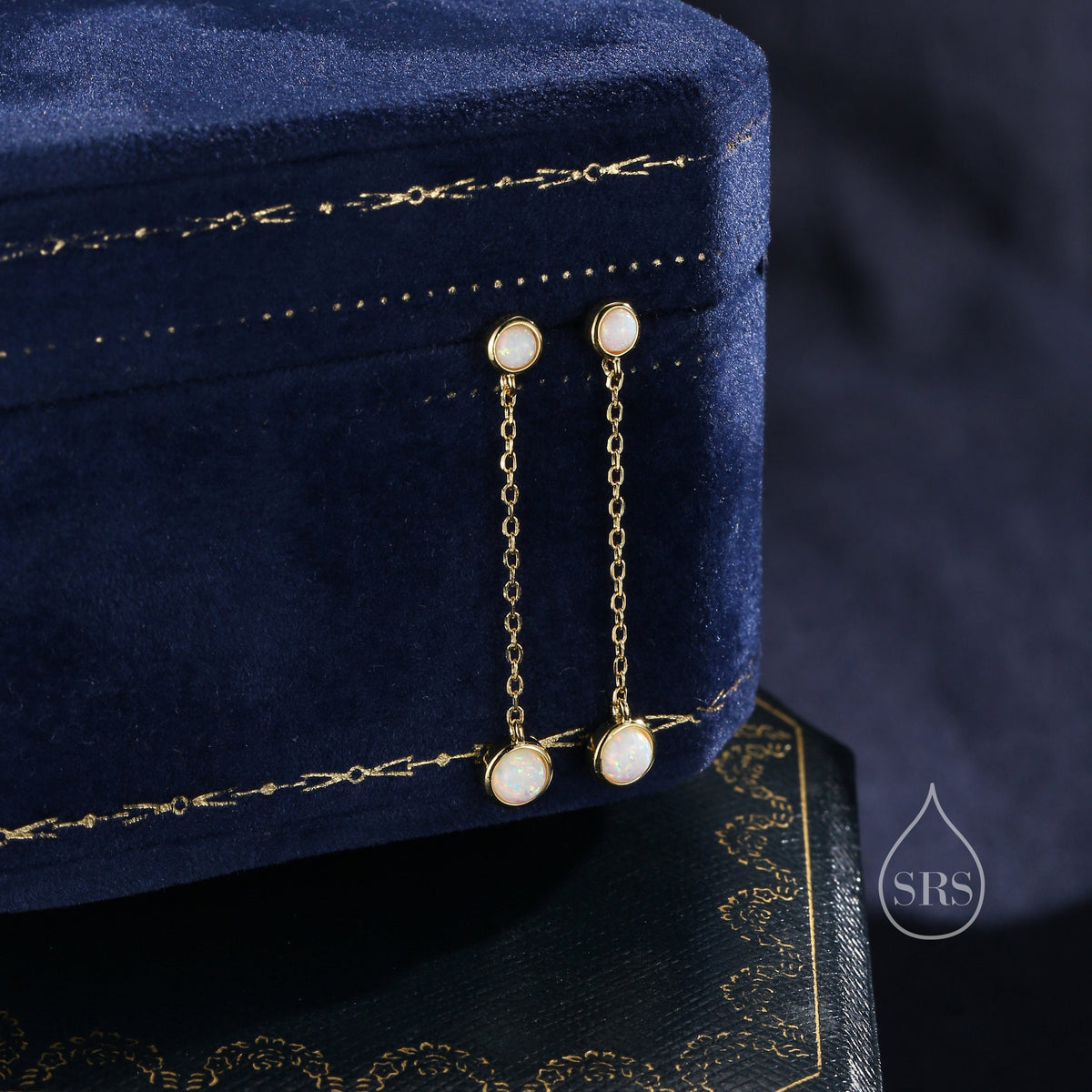 Double White Fire Opal Dangle Chain Earrings in Sterling Silver, Silver or Gold, Lab Opal Earrings, Two Opal Earrings, White Opal