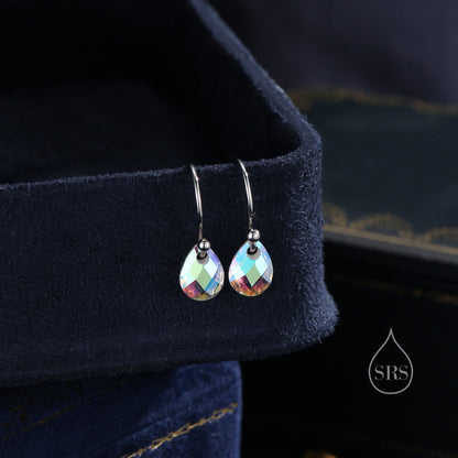 Faceted Glass Crystal Drop Earrings in Sterling Silver, Clear Crystal or Iridescent AB Crystal, Delicate Crystal Earrings