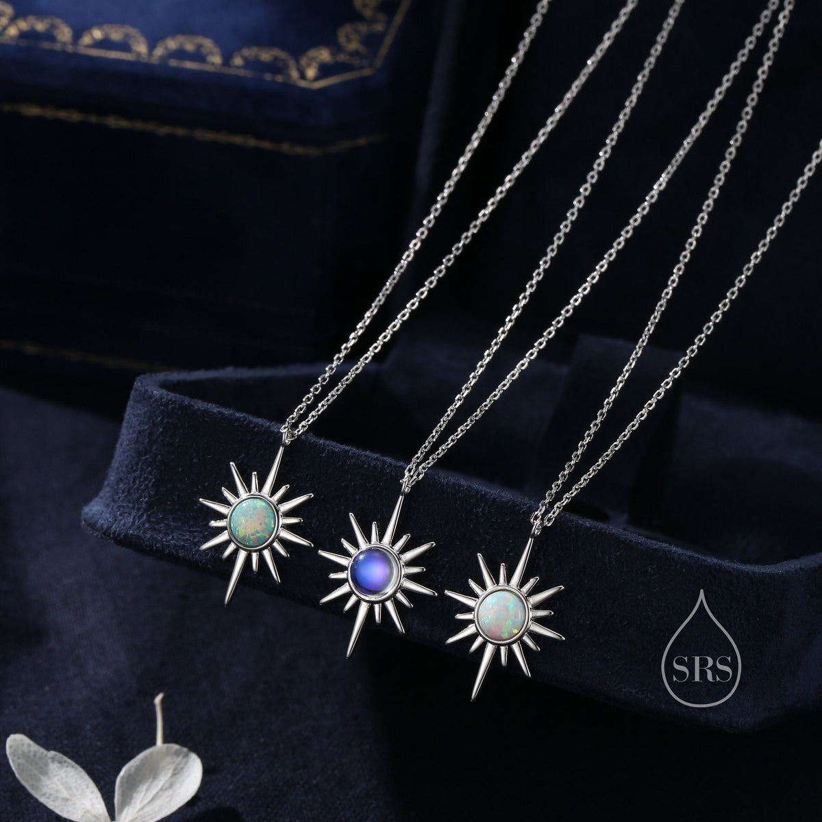 White Opal North Star Pendant Necklace in Sterling Silver, Silver or Gold, Lab Opal Starburst Necklace, Opal Star Necklace, Opal Sunburst