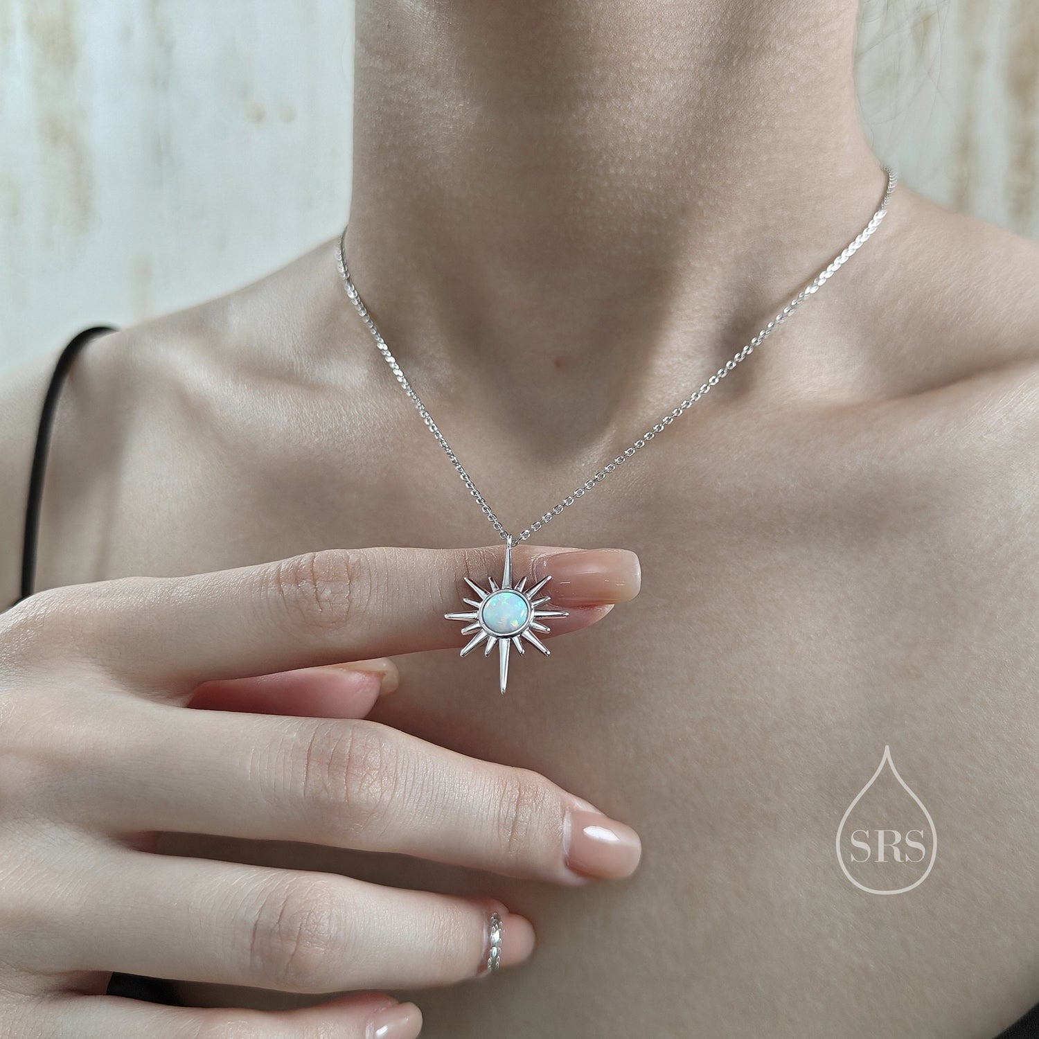 White Opal North Star Pendant Necklace in Sterling Silver, Silver or Gold, Lab Opal Starburst Necklace, Opal Star Necklace, Opal Sunburst