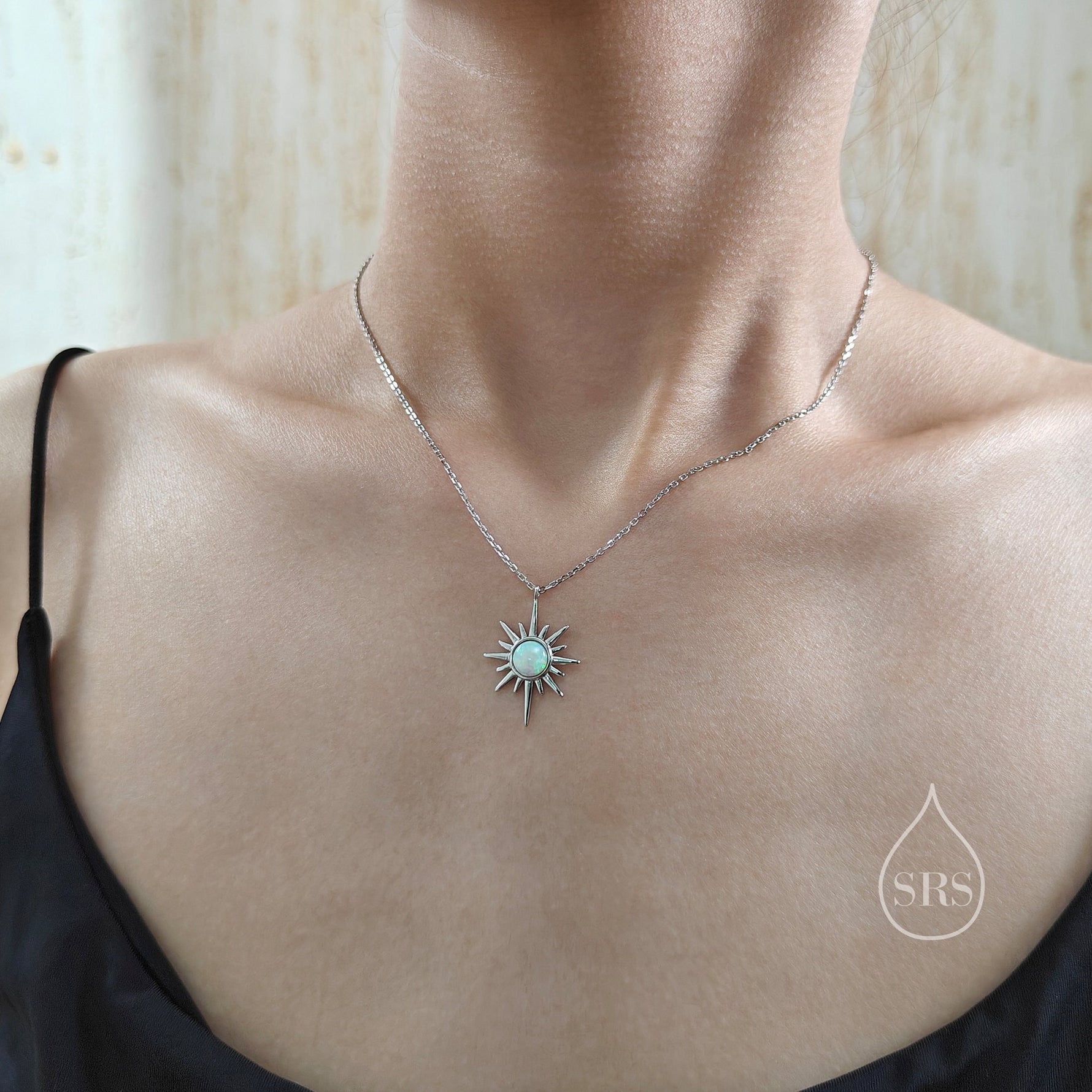 White Opal North Star Pendant Necklace in Sterling Silver, Silver or Gold, Lab Opal Starburst Necklace, Opal Star Necklace, Opal Sunburst