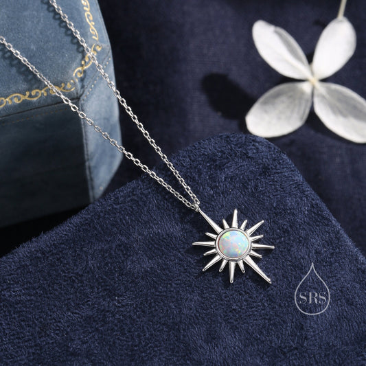 White Opal North Star Pendant Necklace in Sterling Silver, Silver or Gold, Lab Opal Starburst Necklace, Opal Star Necklace, Opal Sunburst