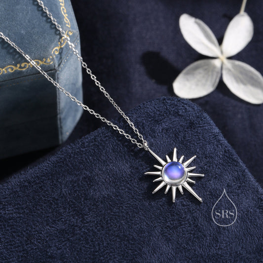 Moonstone North Star Pendant Necklace in Sterling Silver, Silver or Gold, Lab Moonstone Starburst Necklace, Moonstone Sunburst Star Necklace