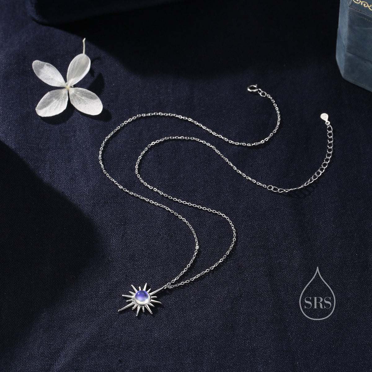Moonstone North Star Pendant Necklace in Sterling Silver, Silver or Gold, Lab Moonstone Starburst Necklace, Moonstone Sunburst Star Necklace