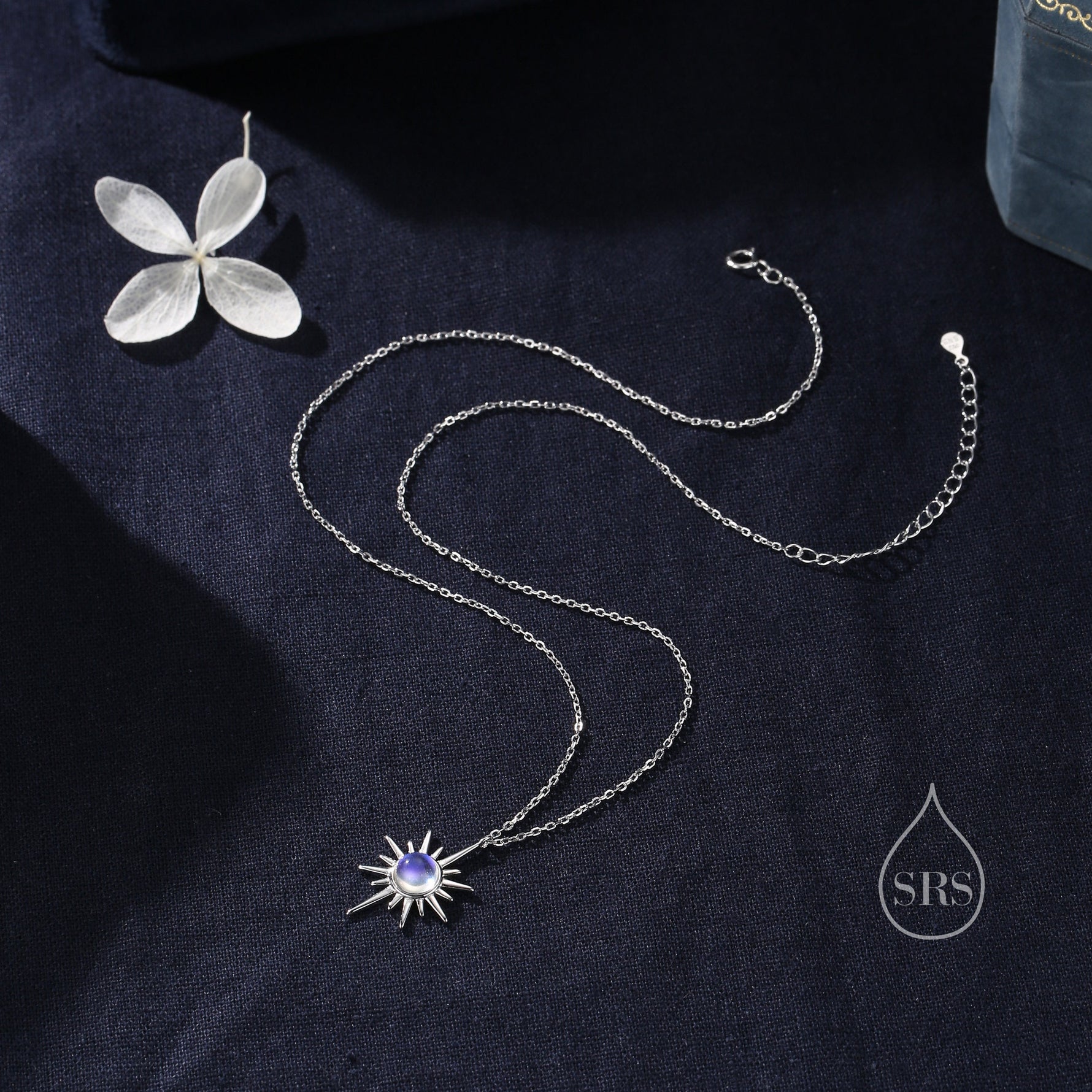Moonstone North Star Pendant Necklace in Sterling Silver, Silver or Gold, Lab Moonstone Starburst Necklace, Moonstone Sunburst Star Necklace