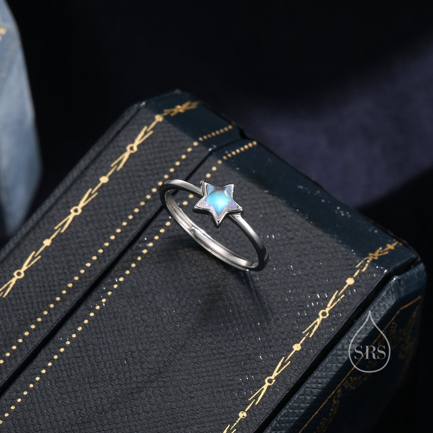 Sterling Silver Moonstone Star Ring, Simulated Moonstone Star and Moon Ring, Adjustable Size, Celestial Jewellery, Lab Moonstone Star Ring