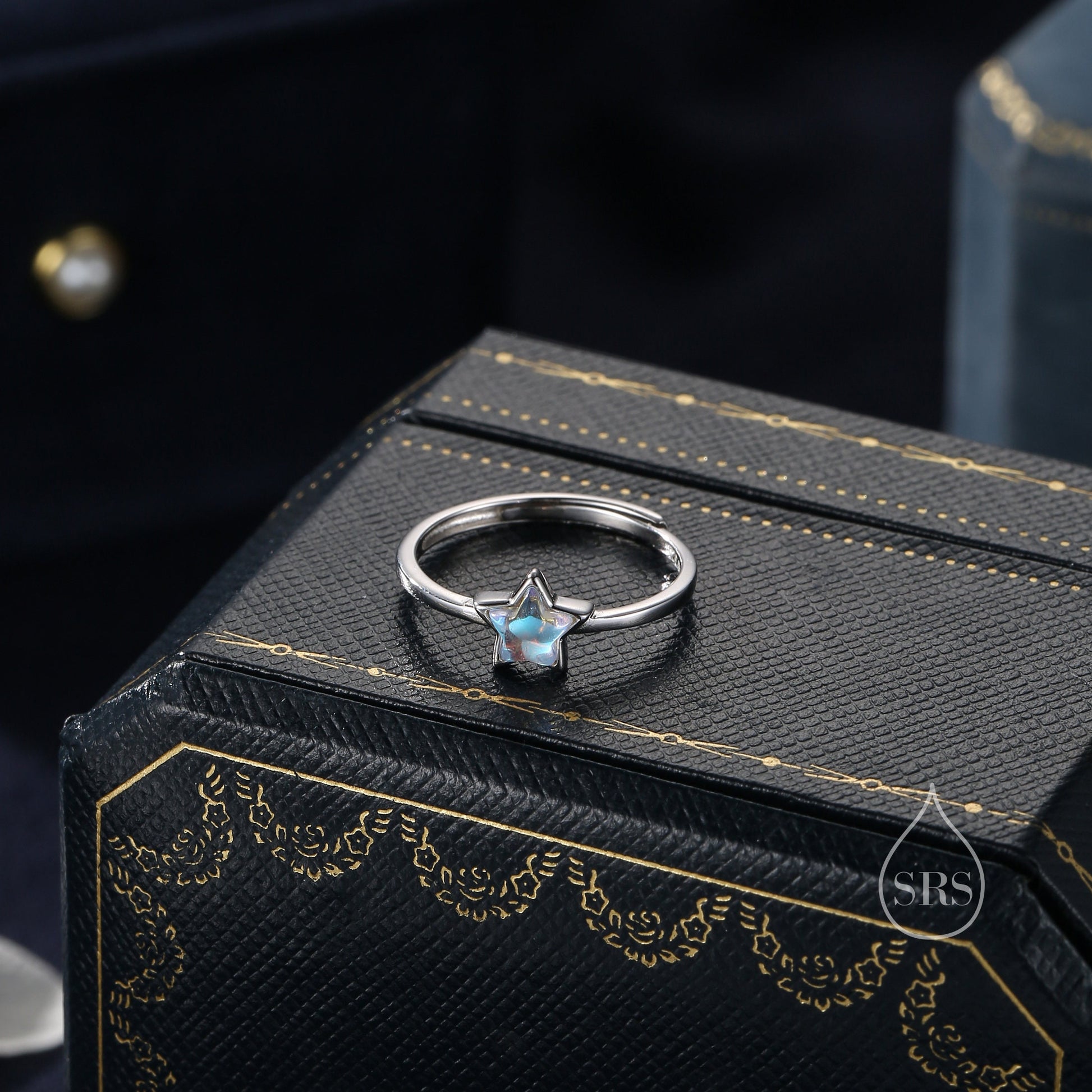 Sterling Silver Moonstone Star Ring, Simulated Moonstone Star and Moon Ring, Adjustable Size, Celestial Jewellery, Lab Moonstone Star Ring