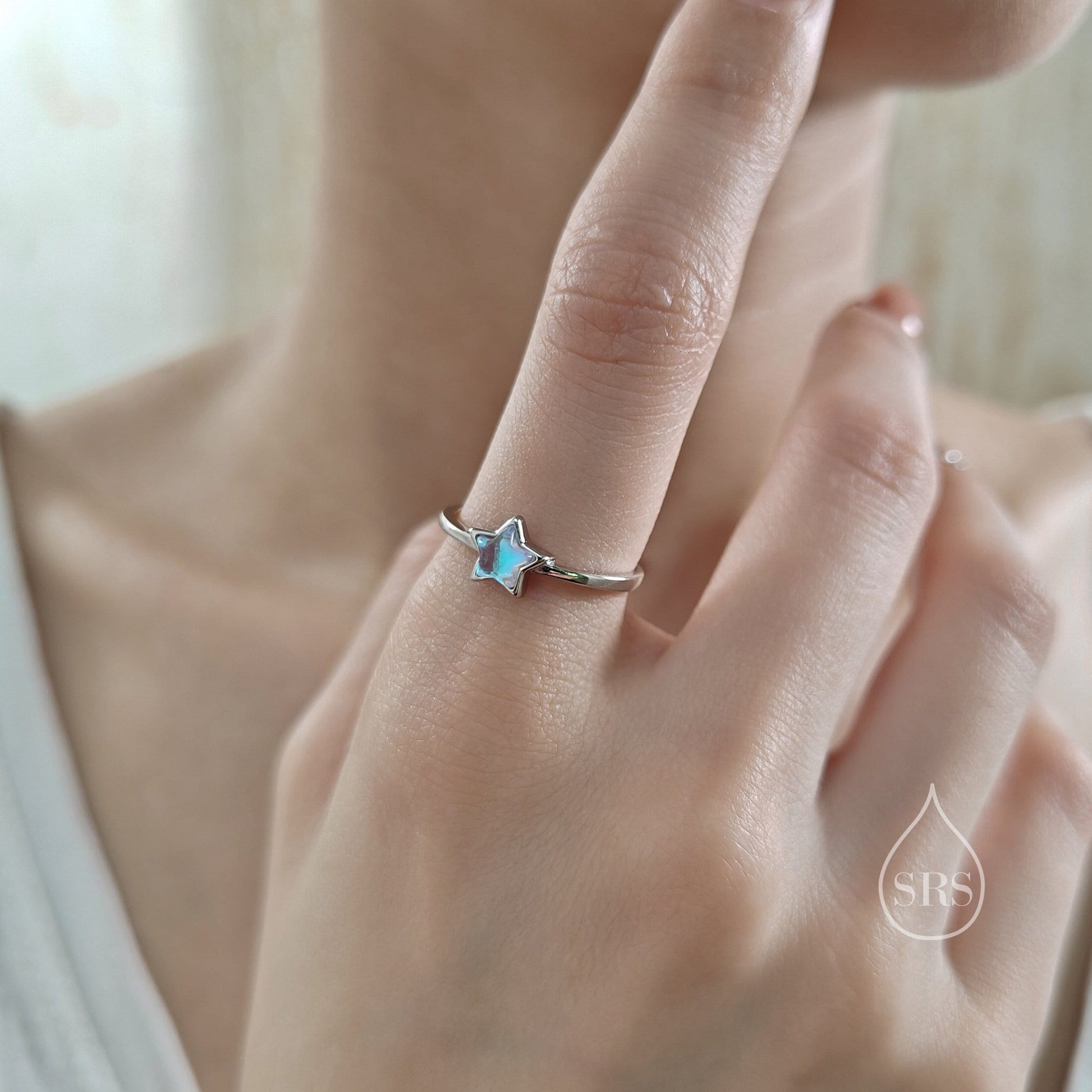 Sterling Silver Moonstone Star Ring, Simulated Moonstone Star and Moon Ring, Adjustable Size, Celestial Jewellery, Lab Moonstone Star Ring