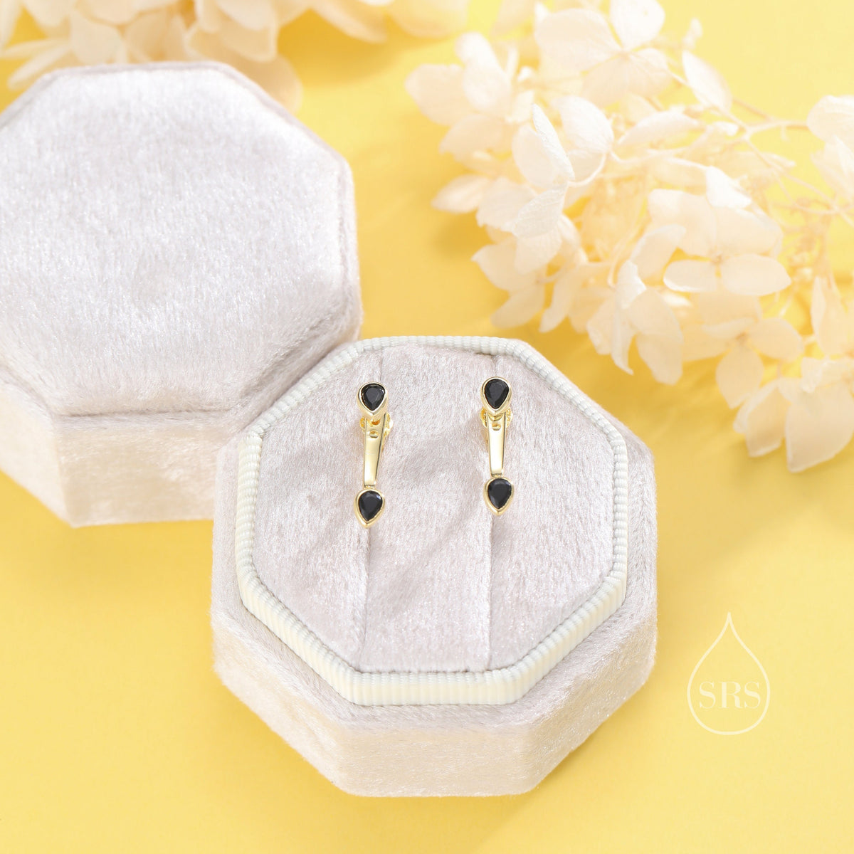 Double Pear Cut CZ Ear Jacket in Sterling Silver, Silver or Gold, Available in Blue, Black, Green, Clear CZ, Front and Back Earrings