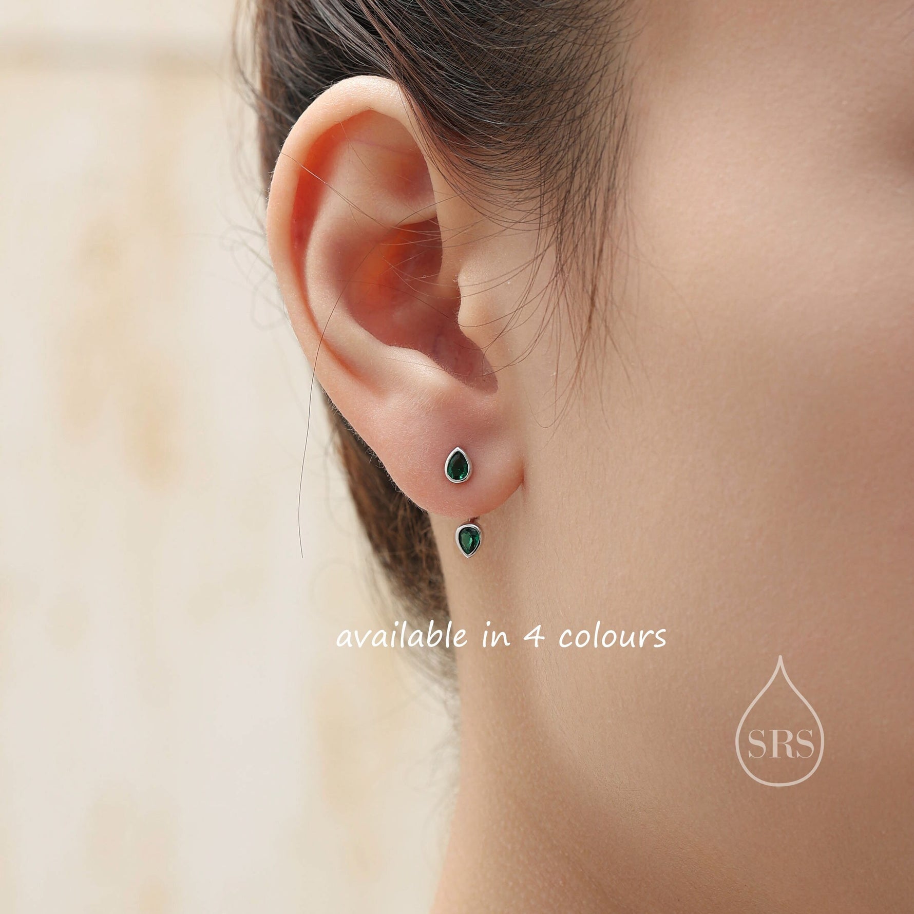 Double Pear Cut CZ Ear Jacket in Sterling Silver, Silver or Gold, Available in Blue, Black, Green, Clear CZ, Front and Back Earrings