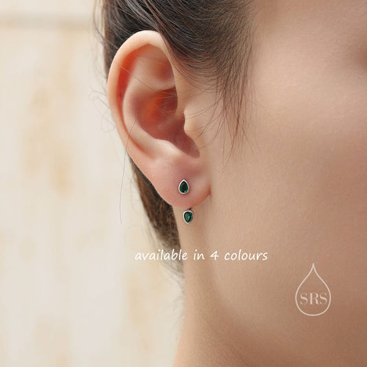 Double Pear Cut CZ Ear Jacket in Sterling Silver, Silver or Gold, Available in Blue, Black, Green, Clear CZ, Front and Back Earrings