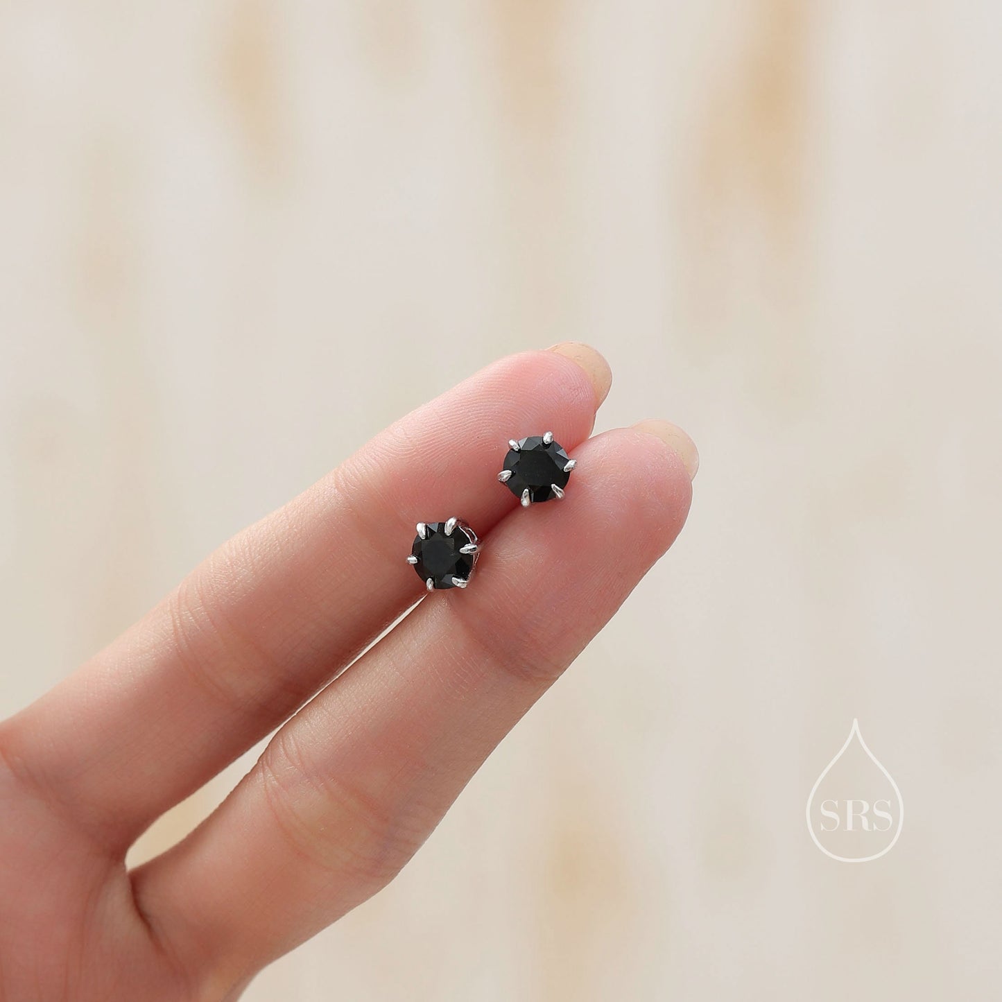 Prong Set Black CZ Stud Earrings in Sterling Silver, Silver or Gold, 6 Prong 6mm CZ Earrings