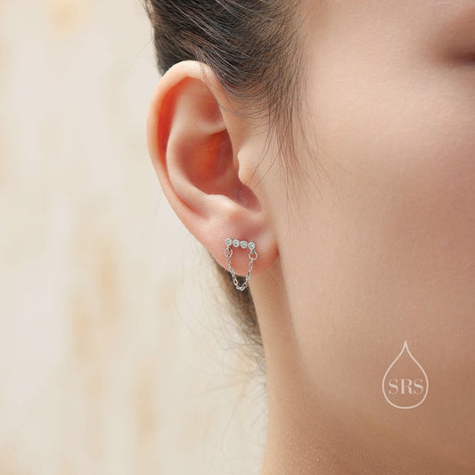 CZ Horizontal Bar Chained Stud Earrings in Sterling Silver, Silver, Gold or Rose Gold, Dangle Chain Earrings, Single Piercing