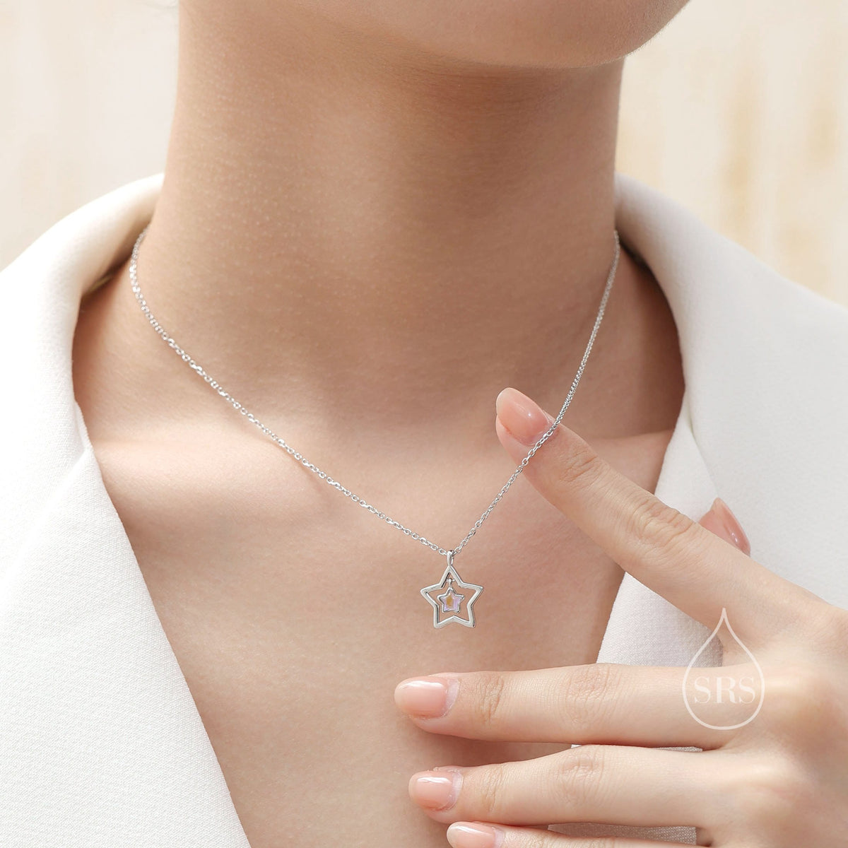 Moonstone Star Pendant Necklace in Sterling Silver, Silver or Gold, Open Star Halo Necklace with Simulated Moonstone, Lab Moonstone Star