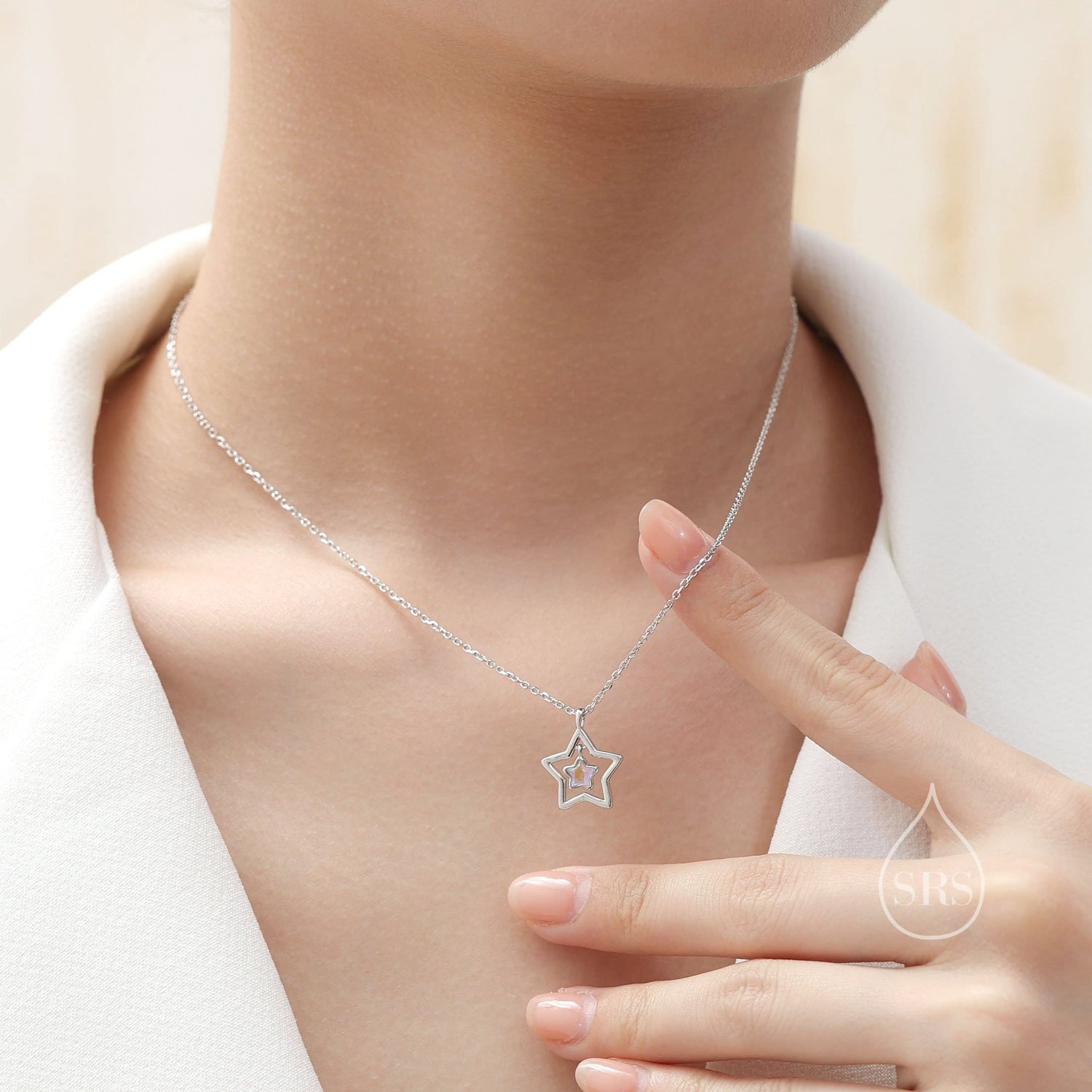 Moonstone Star Pendant Necklace in Sterling Silver, Silver or Gold, Open Star Halo Necklace with Simulated Moonstone, Lab Moonstone Star