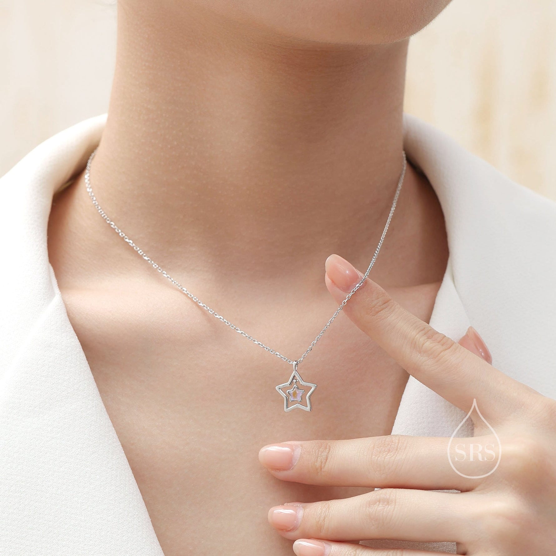 Moonstone Star Pendant Necklace in Sterling Silver, Silver or Gold, Open Star Halo Necklace with Simulated Moonstone, Lab Moonstone Star