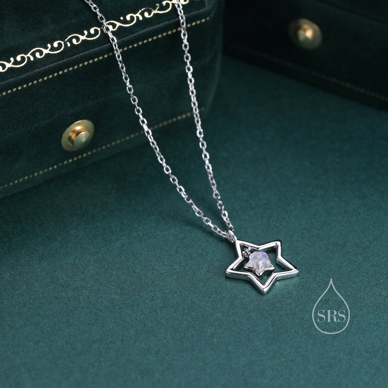 Moonstone Star Pendant Necklace in Sterling Silver, Silver or Gold, Open Star Halo Necklace with Simulated Moonstone, Lab Moonstone Star