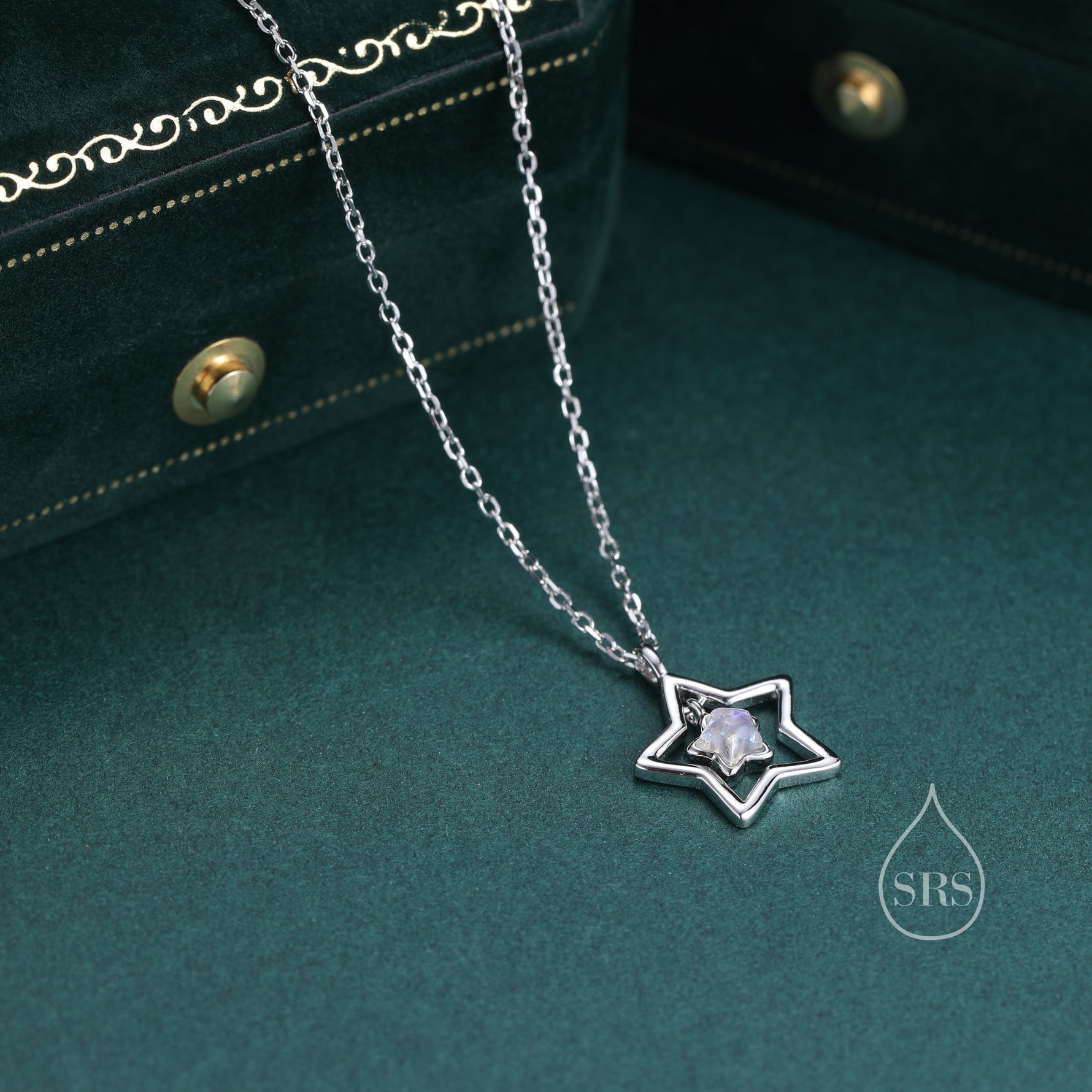 Moonstone Star Pendant Necklace in Sterling Silver, Silver or Gold, Open Star Halo Necklace with Simulated Moonstone, Lab Moonstone Star