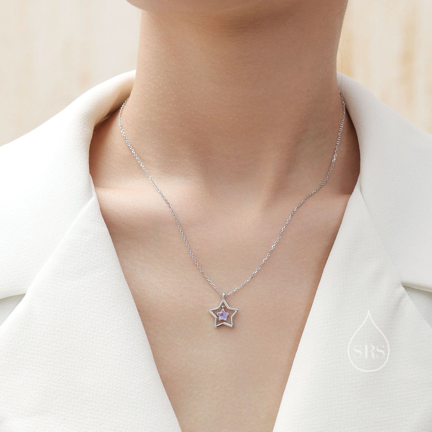 Moonstone Star Pendant Necklace in Sterling Silver, Silver or Gold, Open Star Halo Necklace with Simulated Moonstone, Lab Moonstone Star