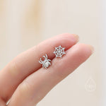 Mismatched Spider and Spider Web Stud Earrings in Sterling Silver, Silver or Gold, Nature Inspired, Insect Earrings
