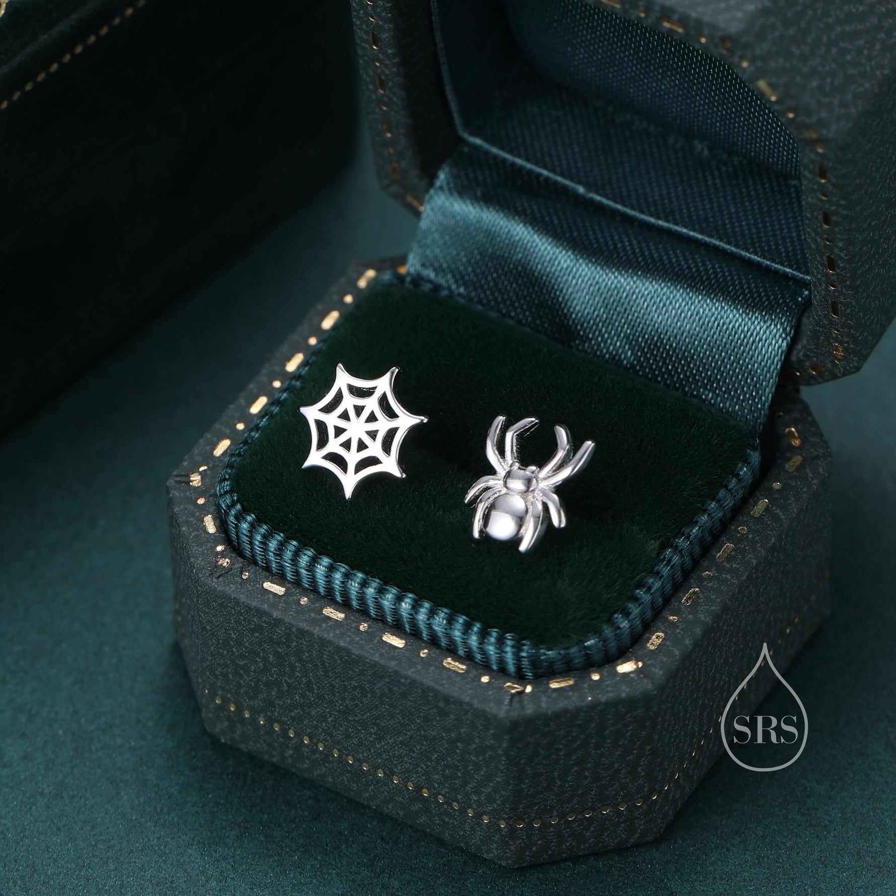 Mismatched Spider and Spider Web Stud Earrings in Sterling Silver, Silver or Gold, Nature Inspired, Insect Earrings