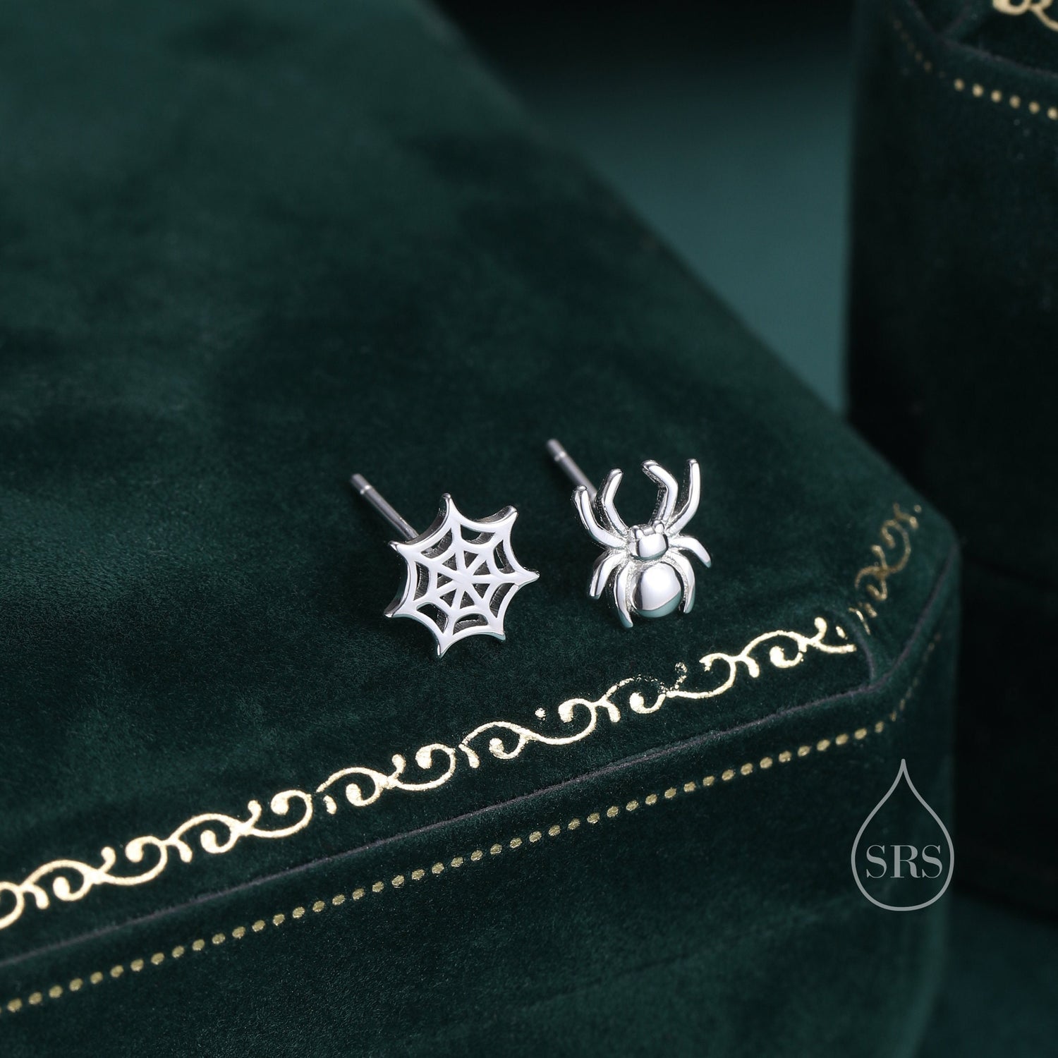 Mismatched Spider and Spider Web Stud Earrings in Sterling Silver, Silver or Gold, Nature Inspired, Insect Earrings