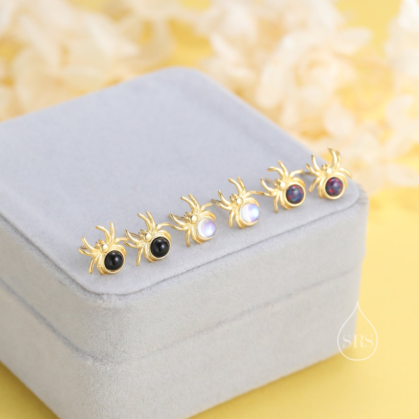 Spider Stud Earrings in Sterling Silver, Silver or Gold, Animal Earrings, Nature Inspired, Insect Earrings, Moonstone, Opal or Black Onyx