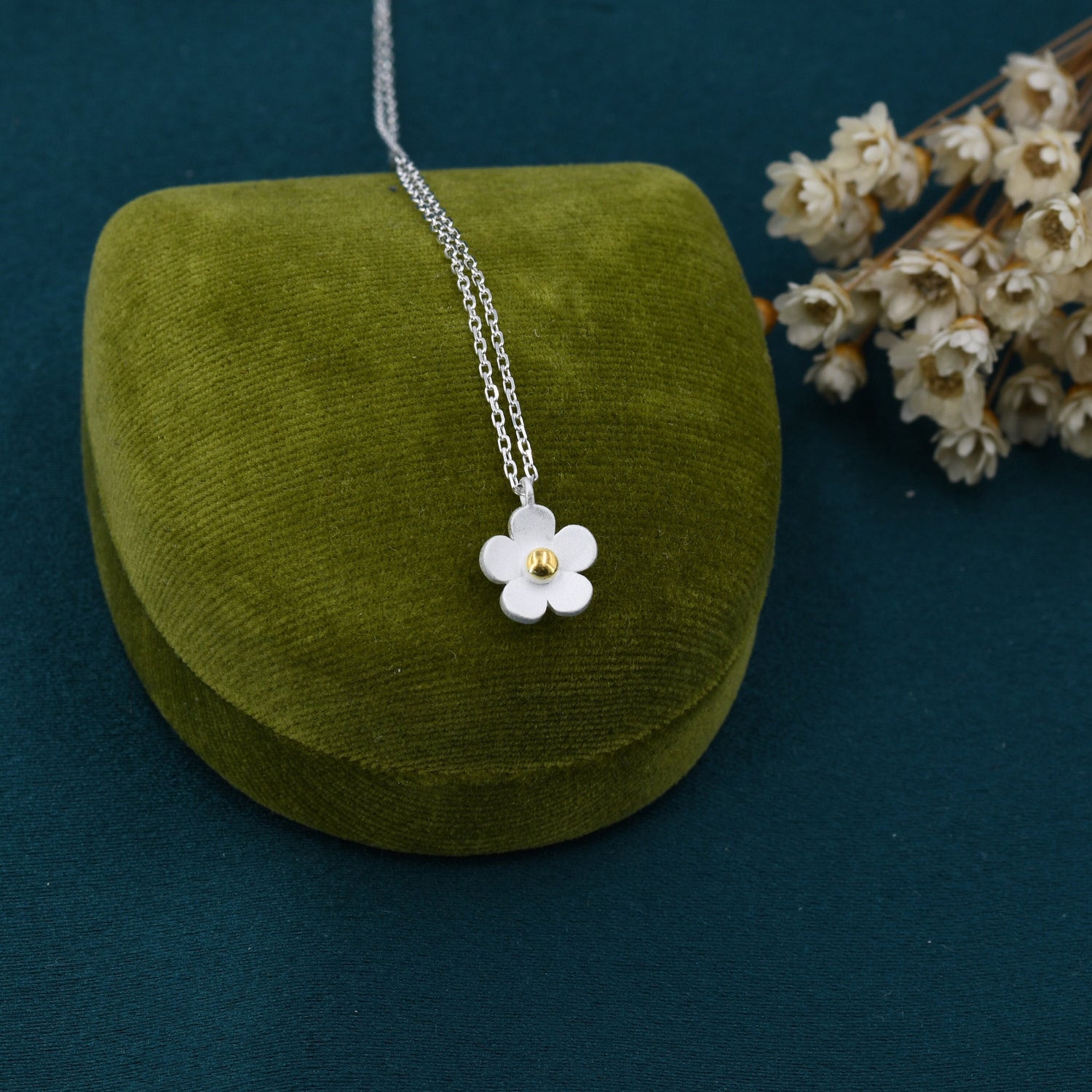 Tiny Forget Me Not Flower Pendant Necklace in Sterling Silver, Nature Inspired Flower Necklace , Botanical