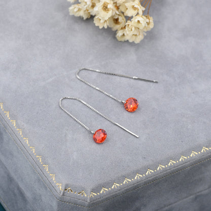 Garnet Red CZ Dot Threader Earrings in Sterling Silver,  Minimalist Ear Threaders, January Birthstone