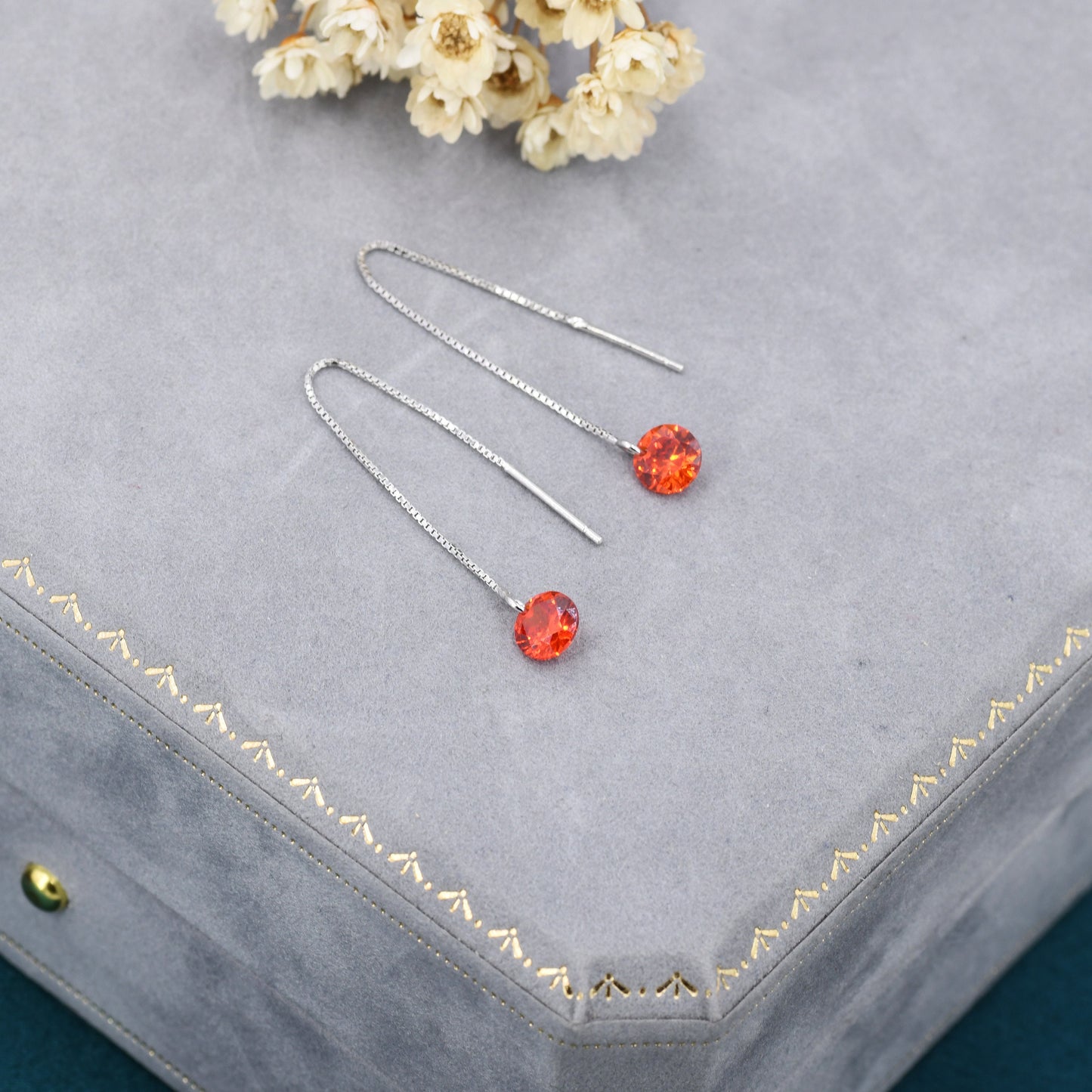 Garnet Red CZ Dot Threader Earrings in Sterling Silver,  Minimalist Ear Threaders, January Birthstone