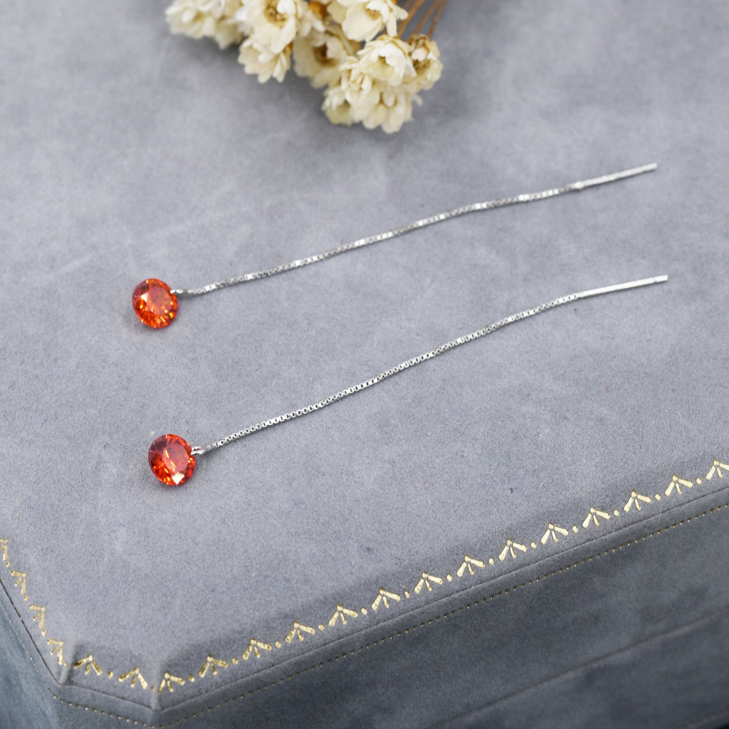 Garnet Red CZ Dot Threader Earrings in Sterling Silver,  Minimalist Ear Threaders, January Birthstone