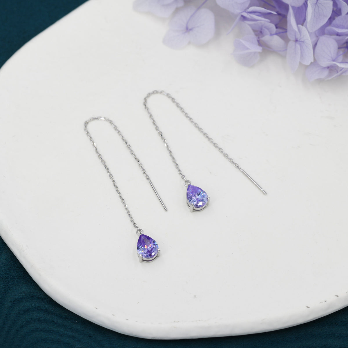 Alexandrite Purple Blue Droplet CZ Threader Earrings in Sterling Silver, Silver or Gold, Pear Cut CZ Long Ear Threaders, Sparkly Threaders