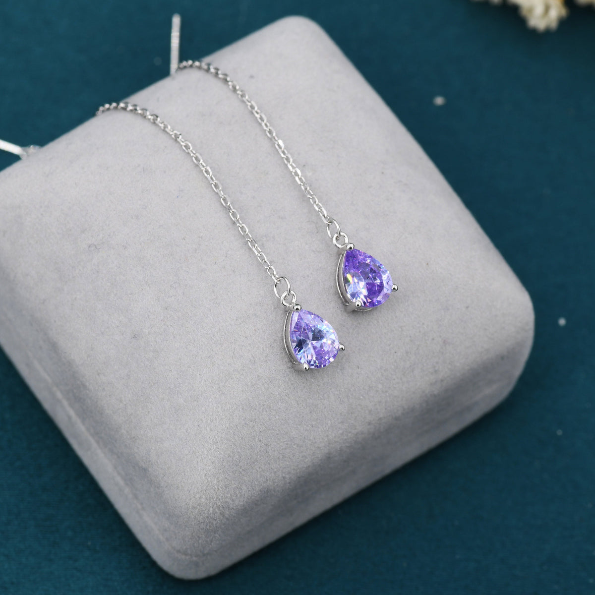 Alexandrite Purple Blue Droplet CZ Threader Earrings in Sterling Silver, Silver or Gold, Pear Cut CZ Long Ear Threaders, Sparkly Threaders